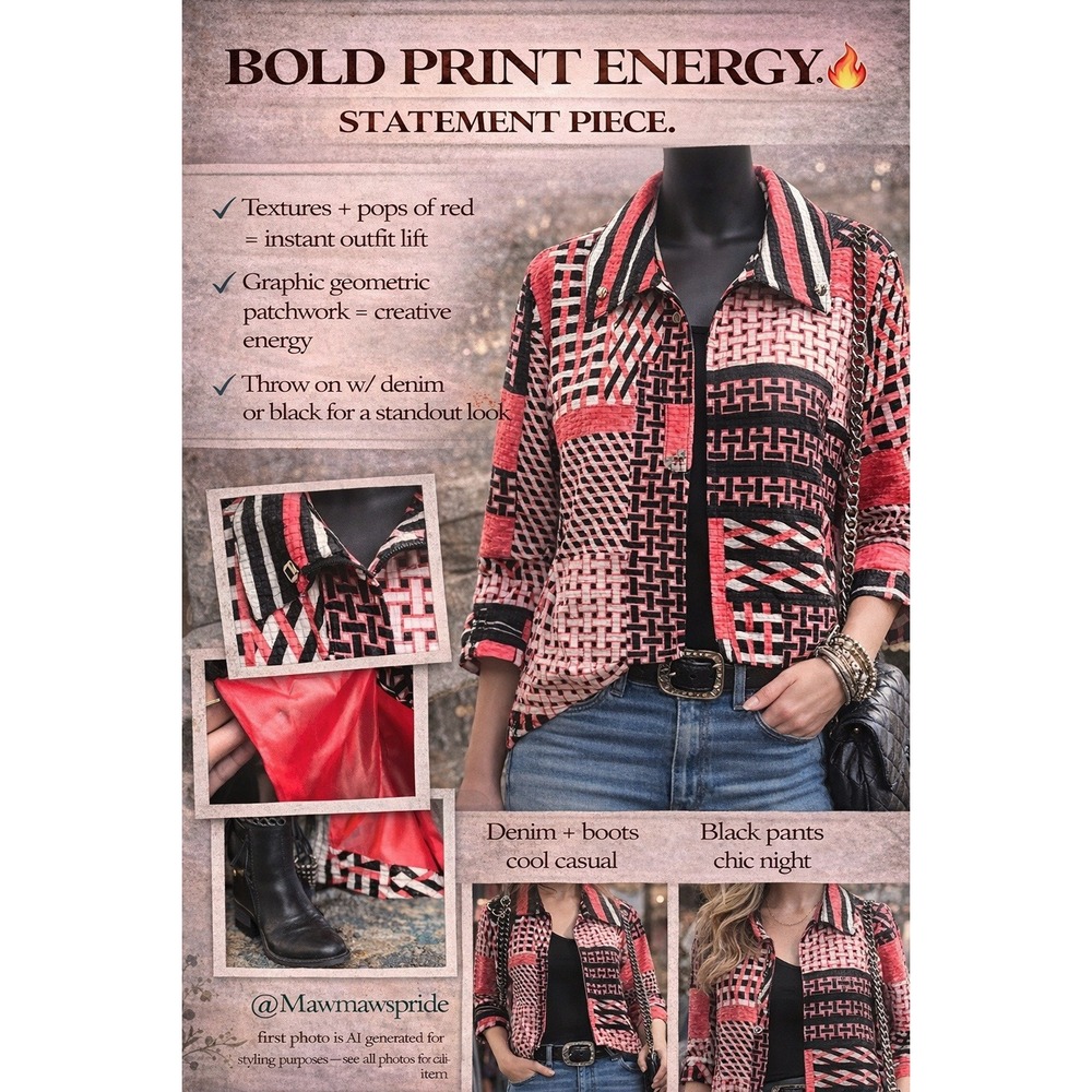 Erin London Patchwork Jacket PXL Bold Geometric Print Textured Statement Piece